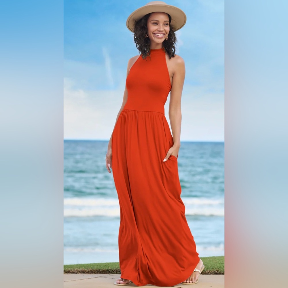 VENUS Bright Tangerine-Colored Halter Maxi Dress w Pockets Ties at Neck Backless - Picture 3 of 14